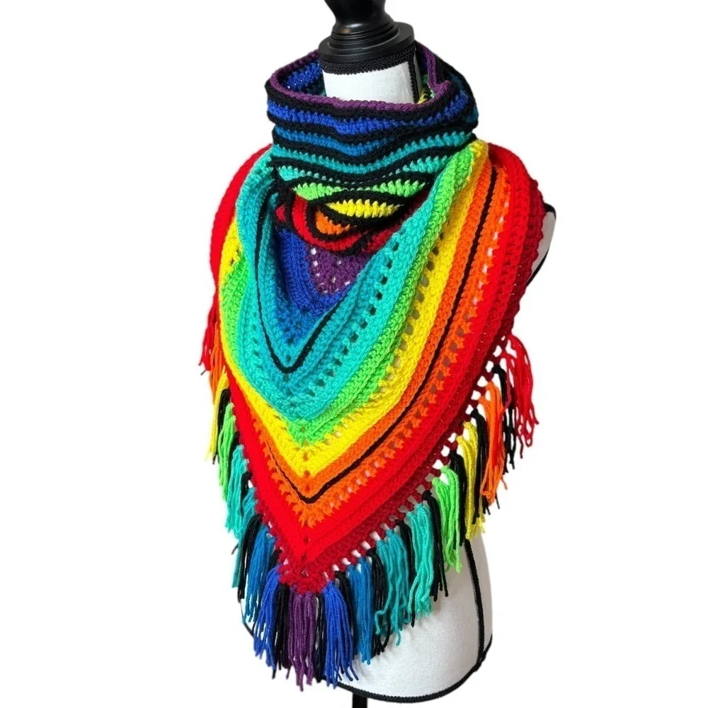 Handcrafted Crochet Cowl Neck Scarf With Fringe Rainbow Colors New Handmade Knit